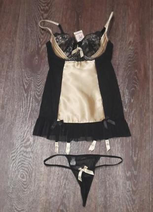 Новый 🔥роскошный комплект пеньюар +трусики бикини р.12/40.от ann summers, косточки, кружево, поролон, крепления для чулок