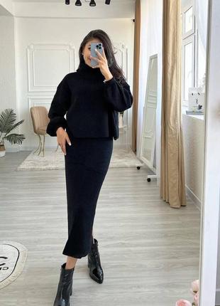 Черный теплый костюм комплект двойка свитер+юбка