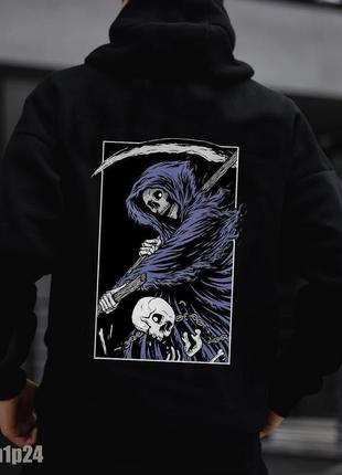 Кофта мужская зимняя трехнитка с начесом deathskull черная толстовка кенгуру с капюшоном худи теплое