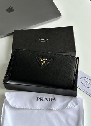 Черный классический кошелек  клатч  prada  натуральная кожа премиум на молнии1 фото