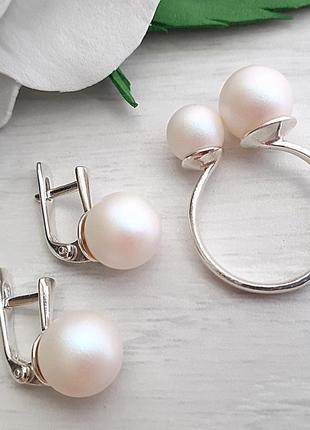 Срібний комплект з перлами сваровські сережки і кільце2 фото