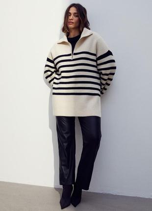 Трендовый полосатый свитер, светр h&m, на молнии, с разрезами, м-l