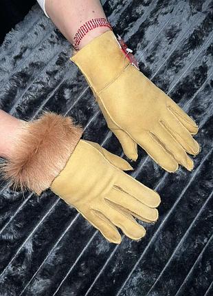 Жіночі натуральні шкіряні рукавички на натуральній овчині дублянка