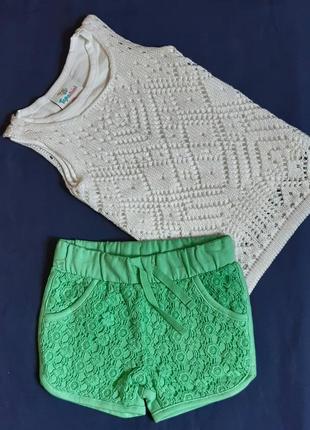 Комплект ажурные белая майка и мятные шорты "topolino" германия  1-1,5 года