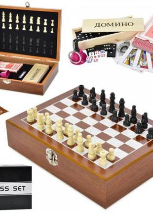 Настільна гра 3в1, шахи, доміно, карти, кубик 6шт, дзвіночок xq12096