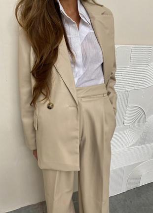 Стильный кожаный костюм пиджак жакет и широкие штаны брюки палаццо4 фото