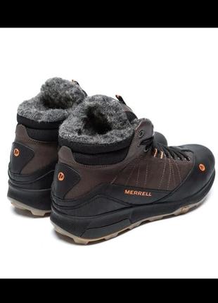 Зимние кожаные мужские кроссовки на меху merrell, спортивные ботинки коричневого цвета9 фото