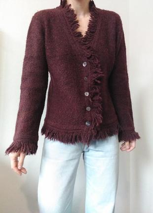 Винтажный кардиган шерстяной свитер с бахромой джемпер пуловер реглан лонгслив кофта винтаж свитер шерсть кардиган бордовый свитер2 фото