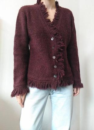 Винтажный кардиган шерстяной свитер с бахромой джемпер пуловер реглан лонгслив кофта винтаж свитер шерсть кардиган бордовый свитер7 фото