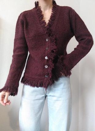 Винтажный кардиган шерстяной свитер с бахромой джемпер пуловер реглан лонгслив кофта винтаж свитер шерсть кардиган бордовый свитер8 фото