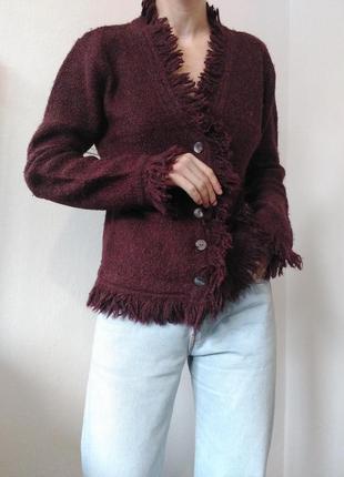 Винтажный кардиган шерстяной свитер с бахромой джемпер пуловер реглан лонгслив кофта винтаж свитер шерсть кардиган бордовый свитер9 фото