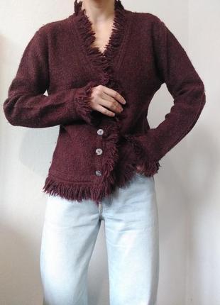 Винтажный кардиган шерстяной свитер с бахромой джемпер пуловер реглан лонгслив кофта винтаж свитер шерсть кардиган бордовый свитер3 фото