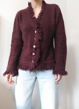 Винтажный кардиган шерстяной свитер с бахромой джемпер пуловер реглан лонгслив кофта винтаж свитер шерсть кардиган бордовый свитер5 фото