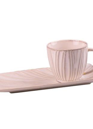 Чайно-кавовий набір з 2 предметів, поцелянова чашка та блюдце, пудрового кольору, 350 мл