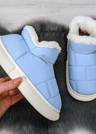 Капці панчіш жіночі високі блакитні екошкіра на хутрі 4293