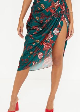 Сатиновая юбка миди с разрезом в цветочный принт в стиле бохо2 фото