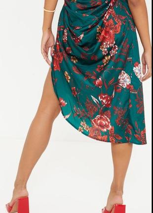 Сатиновая юбка миди с разрезом в цветочный принт в стиле бохо6 фото