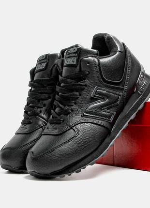 Мужские зимние кроссовки nb 574 high black leather (мех)