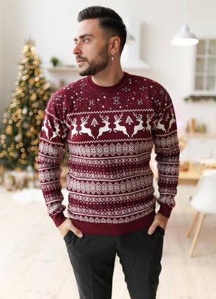 Новорічний светр з оленями бордовий3 фото