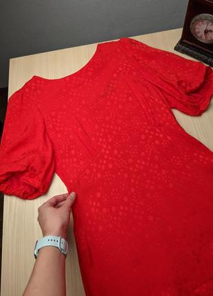 Плаття коралове червоне міді об'ємні рукави s m віскоза волани вінтажне6 фото