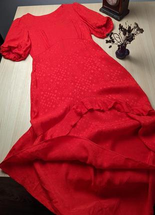 Плаття коралове червоне міді об'ємні рукави s m віскоза волани вінтажне7 фото