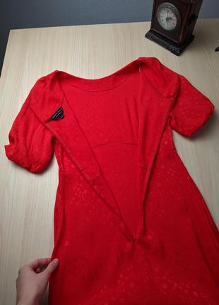 Плаття коралове червоне міді об'ємні рукави s m віскоза волани вінтажне10 фото
