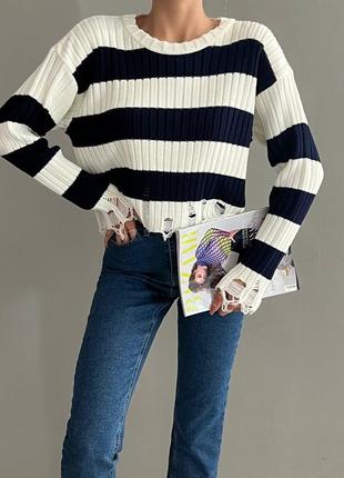 Модный свитер рванка, женский свитер в полоску черно-белый, кофта оверсайз4 фото
