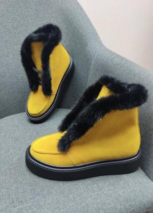 Жовті високі хайтопи черевики norka хутро норка натуральна зима демісезон 36-41