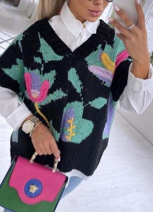 Жіночий трендовий в'язаний жилет, в'язана жилетка в стилі зара, zara квіти
