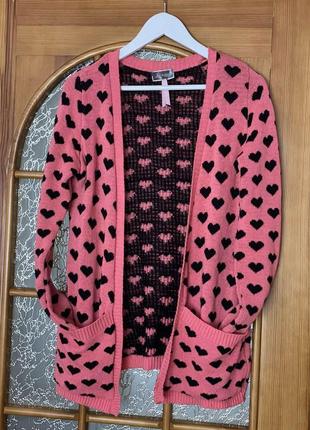 Теплый кардиган женский кардиган разовой в сердечки вязаный кардиган свитер вязаный розовый в принт8 фото
