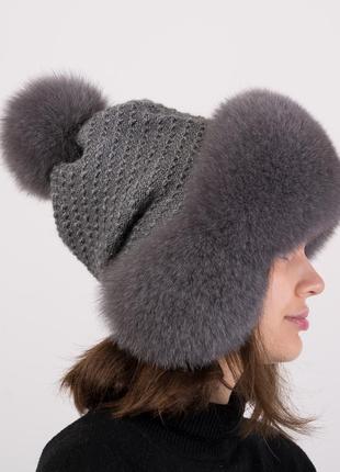 Женская зимняя модная меховая шапка ушанка на трикотаже4 фото
