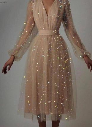Шикарна вечірня сукня міді з об'ємними рукавами-буфами та пишною юбкою з фатину1 фото