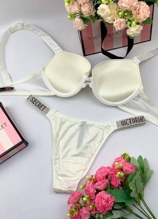 Жіночий комплект спідньої білизни victoria's secret, білизна victoria's secret rhinestone з push-up білий колір6 фото