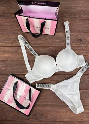 Жіночий комплект спідньої білизни victoria's secret, білизна victoria's secret rhinestone з push-up білий колір7 фото