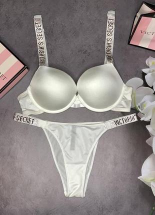 Жіночий комплект спідньої білизни victoria's secret, білизна victoria's secret rhinestone з push-up білий колір4 фото