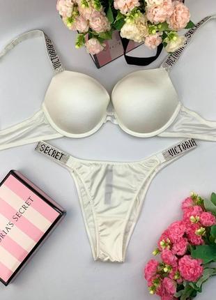 Жіночий комплект спідньої білизни victoria's secret, білизна victoria's secret rhinestone з push-up білий колір3 фото