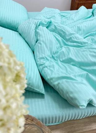 Комплект постельного белья полоска страйп сатин насыщенная мята бирюза туречковая комплект постели5 фото