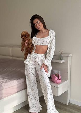 Ніжна піжама трійка в рубчик в сердечках, домашній костюм 3 в 1 рубчик