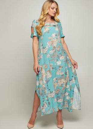 Длинное бирюзовое платье в цветах большие размеры