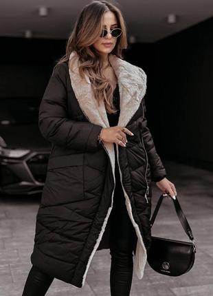 Куртка пальто жіноча тепла зимова на зиму базова з капюшоном утеплена хутром чорна бежева коричнева пуховик батал довга стьобана6 фото