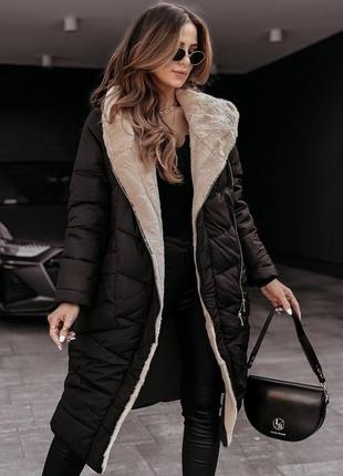 Куртка пальто жіноча тепла зимова на зиму базова з капюшоном утеплена хутром чорна бежева коричнева пуховик батал довга стьобана3 фото