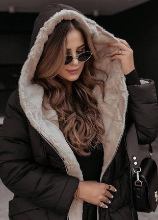 Пальто куртка женское теплое зимнее на зиму базовое с капюшоном утепленное мехом черное бежевое коричневое пуховик батал длинное стеганое4 фото