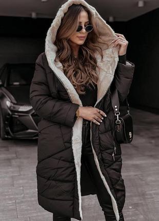 Пальто куртка женское теплое зимнее на зиму базовое с капюшоном утепленное мехом черное бежевое коричневое пуховик батал длинное стеганое5 фото