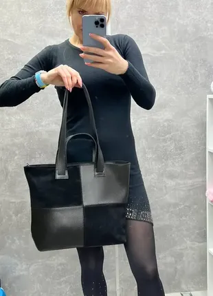 Чорна — велика, стильна та елегантна сумка на блискавці зі вставками з натуральної замші7 фото