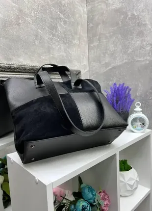 Чорна — велика, стильна та елегантна сумка на блискавці зі вставками з натуральної замші4 фото
