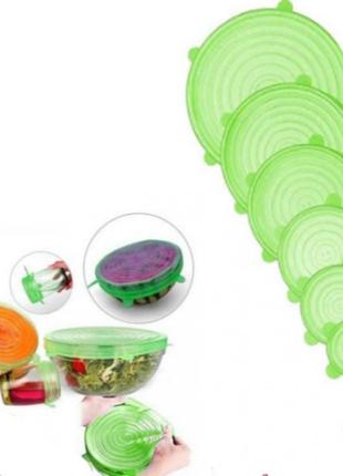 Набір силіконових кришок для посуду 6 шт універсальні. колір зелений1 фото