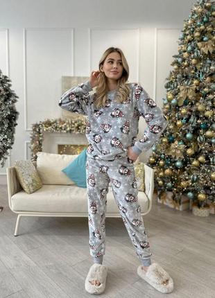 Стильная женская одежда для дома и сна теплая домашняя пижама принт пингвины цвет серый ткань махра велсофт2 фото