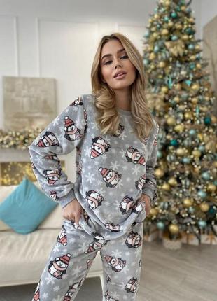 Стильная женская одежда для дома и сна теплая домашняя пижама принт пингвины цвет серый ткань махра велсофт6 фото