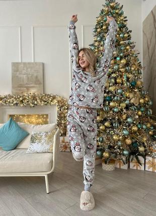 Стильная женская одежда для дома и сна теплая домашняя пижама принт пингвины цвет серый ткань махра велсофт9 фото