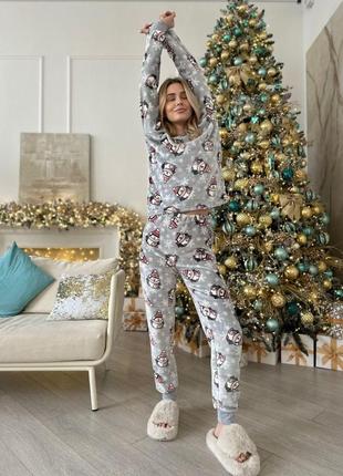 Стильная женская одежда для дома и сна теплая домашняя пижама принт пингвины цвет серый ткань махра велсофт5 фото